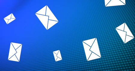 Illustration of falling white envelopes over dots against blue background, copy space. Digitally generated, message, communication, application and letter concept.の写真素材