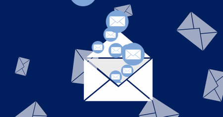 Illustration of falling envelopes and message icons in circle over blue background, copy space....
