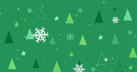 Image of green christmas tree pattern with snowflakes. Christmas, winter, tradition and celebration concept digitally generated image.の写真素材