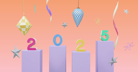 Image of 2025 number over new year and christmas decorations on pink background. New year's eve,...