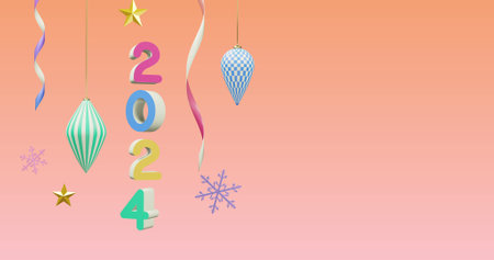 Image of 2024 number over new year and christmas decorations on pink background. New year's eve,...