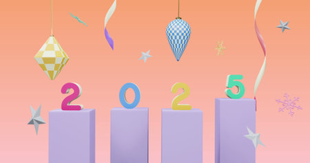 Image of 2025 number over new year and christmas decorations on pink background. New year's eve,...
