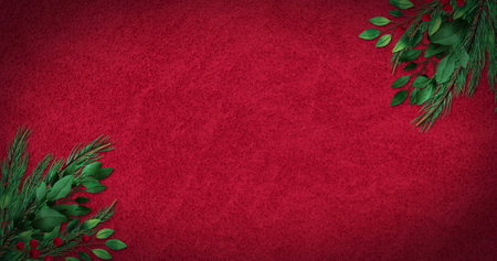 Image of snow falling and christmas bauble with candy canes and fir tree on red background....