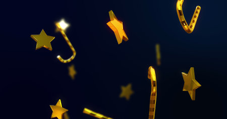 Image of gold stars and candy canes falling over black background. Christmas, festivity, celebration and tradition concept digitally generated image.の写真素材
