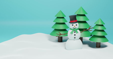 Image of christmas fir trees and snowman over green background. Christmas, celebration and digital...