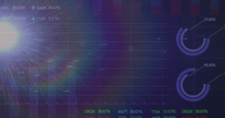 Image of light with halo over financial data on navy background. Global finance, economy and...
