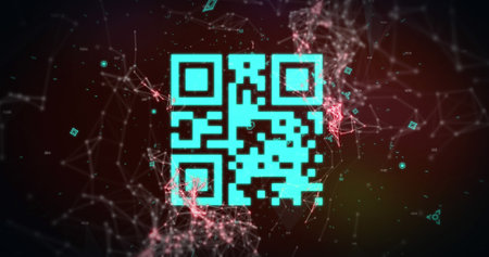 Image of a blue QR code with webs of connection over a blue graph appearing on red background....