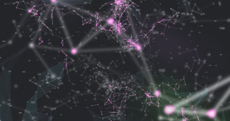 Image of a colourful QR code with a web of connection over a space cloud and a galaxy. Digital...
