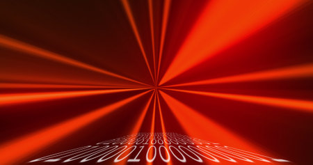Image of glowing QR code with red neon elements and binary coding on black background. Global online security data technology concept digitally generated image.の写真素材