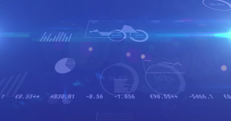 Image of stock exchange financial data processing and statistics over blue background. global finance technology digital interface concept digitally generated image.の写真素材