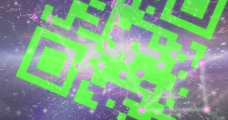 Image of a colourful QR code with a web of connection over a space cloud and a galaxy. Digital...