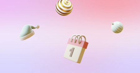 Image of calendar with numer 1 and christmas decorations on pink background. Christmas, tradition and celebration concept digitally generated image.の写真素材