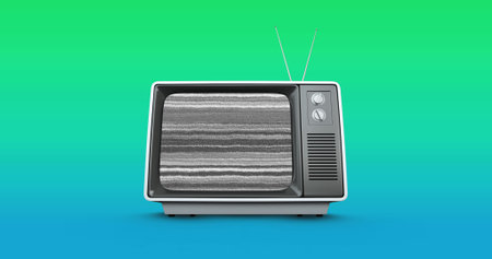 Illustration of glitch technique in television screen against green gradient background, copy space....