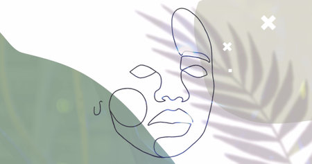 Illustration of face with leaves over cross shapes and abstract pattern on white background. Copy space, art, design, vector, human representation, mistake and rejection concept.の写真素材