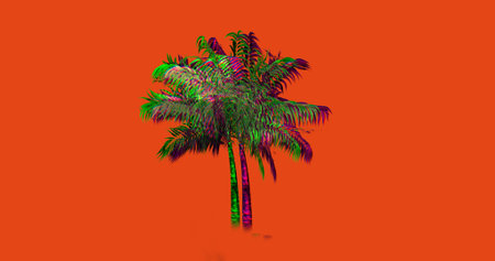 Illustration of palm trees against orange background, copy space. Digitally generated, distortion, vector, blurred motion, beach, vector, abstract and nature concept.の写真素材