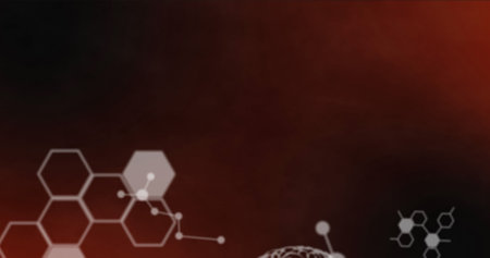 Illustration of hexagon shapes with molecules against gradient background, copy space. Digitally...
