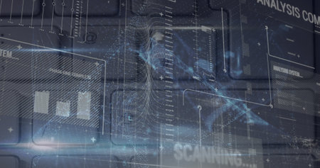 Composite of connected dots forming abstract pattern with text over computer keyboard, copy space. Multiple exposure, illuminated, light, communication, texture and technology concept.の写真素材