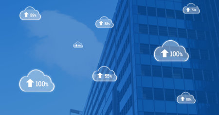 Multiple numbers with percentage and up arrow sign in clouds over low angle view of skyscraper....