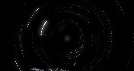 Illustration of dots forming circular motion against black background, copy space. Digitally generated, illuminated, geometric shape, abstract, loading, radar and technology concept.の写真素材