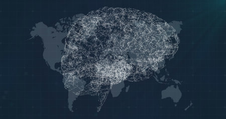 Illustration of connected dots forming digital brain over map against blue background. Copy space, hologram, anatomy, globalization, artificial intelligence, futuristic and technology concept.の写真素材