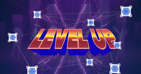 Illustration of level up text with icons in squares connected with lines over abstract pattern. Copy...