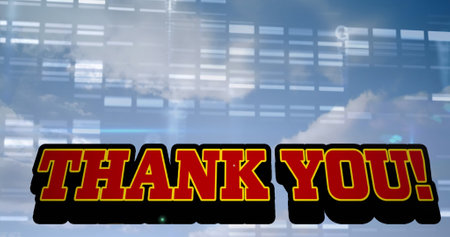 Composite of red thank you text with illuminated graphs over cloudy sky, copy space. Multiple...