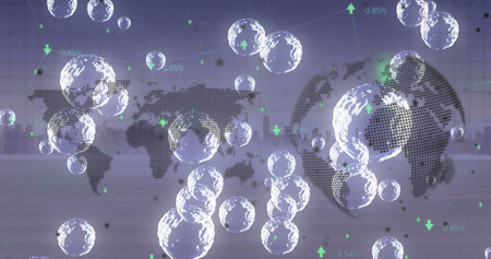 Composition of bubbles and world map with globe over cityscape. Global business and digital...