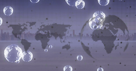 Composition of bubbles and world map with globe over cityscape. Global business and digital...