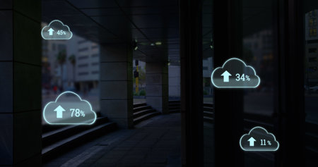 Composite of multiple number with arrow up and percentage signs in clouds over columns in building....