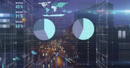 Composition of data processing over cityscape. Global business and digital interface concept...