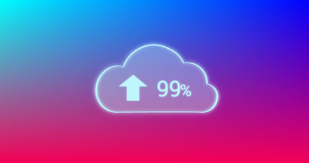 Illustration of number 99 with percentage sign in cloud against gradient background, copy space. Symbol, growth, cloud computing, uploading and technology concept.の写真素材