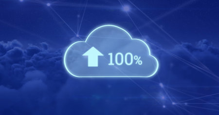 Composite of 100 number with up arrow and percentage sign in cloud and connected dots against sky....