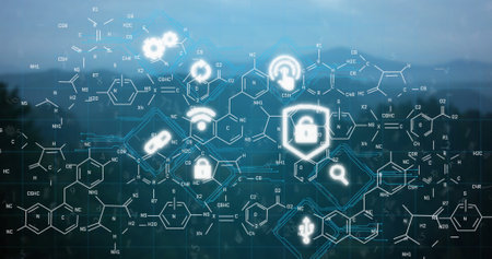 Image of padlock icon and network of connections over blue background. Global connections computing...