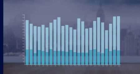 Image of financial graph over cityscape. Global business, finances, data processing and digital...