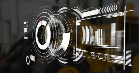 Image of scope scanning and data processing over stock market on black background. Global sports technology data processing and digital interface concept digitally generated image.の写真素材