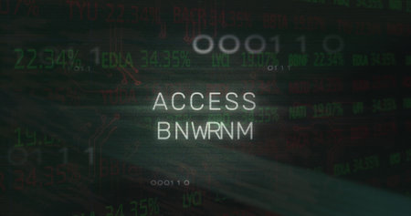 Image of access denied text, x symbol, binary codes, circuit board texture over trading board....