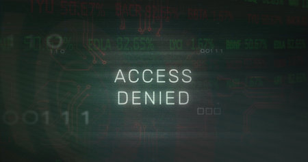 Image of access denied text, x symbol, binary codes, circuit board texture over trading board. Digitally generated, hologram, security, locked, coding, stock market and technology concept.の写真素材