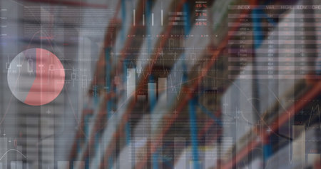 Image of financial data processing over empty warehouse. global shipping, delivery and connections concept digitally generated image.の写真素材