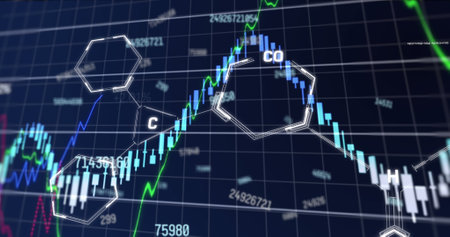 Image of financial data processing over chemical structures. Global finance, business and data...