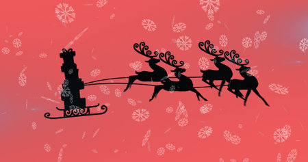 Image of christmas presents in sleigh with reindeer over snow falling on red background. christmas, tradition and celebration concept digitally generated image.の写真素材