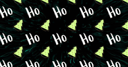 Image of multiple ho ho text and christmas tree over fireworks on black background. christmas, winter, tradition and celebration concept digitally generated image.の写真素材
