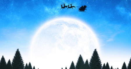 Image of santa claus in sleigh with reindeer over moon and sky. christmas, tradition and celebration...