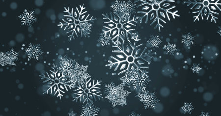 Image of snow falling and light spots on black background. Christmas, tradition and celebration...