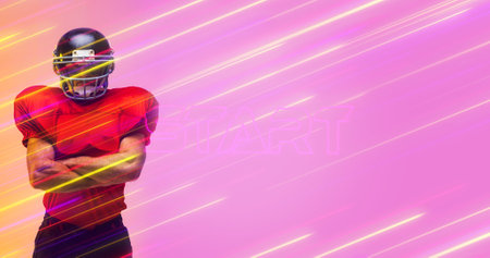 Composite of american football player in helmet and uniform with arms crossed over blurred lights. Copy space, motion, sport, competition, match, illustration and abstract concept.の写真素材