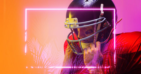 Composite of american football player wearing helmet by illuminated hexagon and plants. Copy space,...