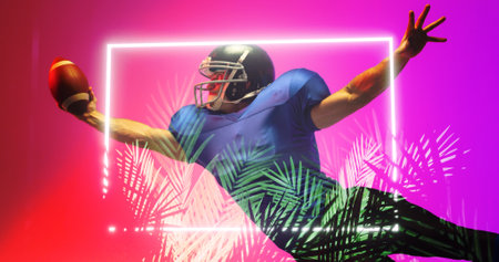 American football player catching ball while jumping by illuminated rectangle and plants. Copy space, purple, copy space, composite, sport, competition, illustration, playing, glowing, nature, shape.の写真素材