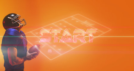Composite of male player with ball standing by illuminated start text and american football field....