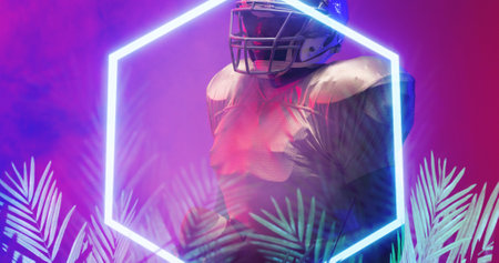 Close-up of illuminated hexagon and plants over american football player wearing helmet, copy space....