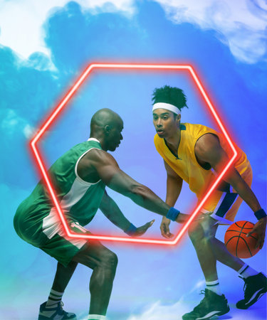 African american basketball male players dribbling ball by illuminated hexagon over smoky...
