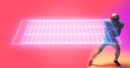 Composite of illuminated american football field and player with ball playing over pink background....